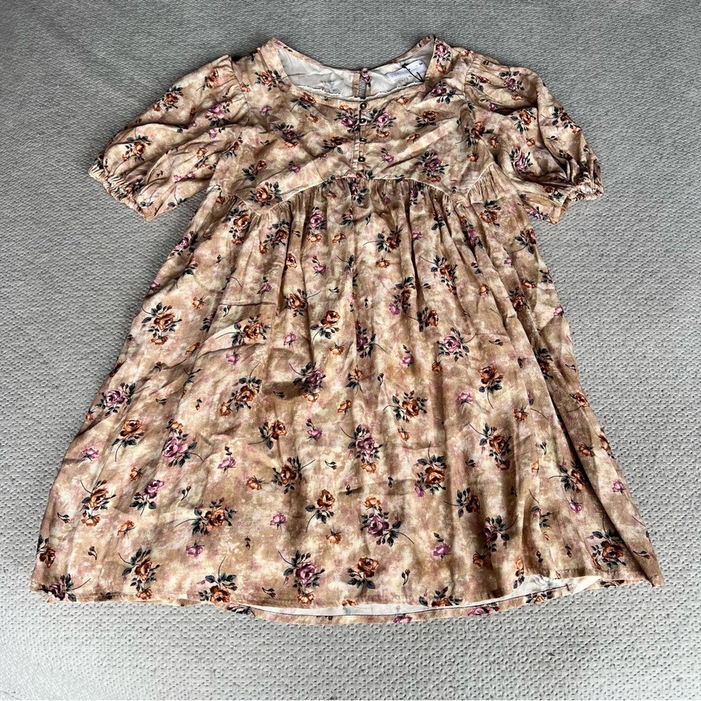 Zara Girls Tan Beige Vintage Floral Print Short Sleeve Lace Trim Dress Size 9